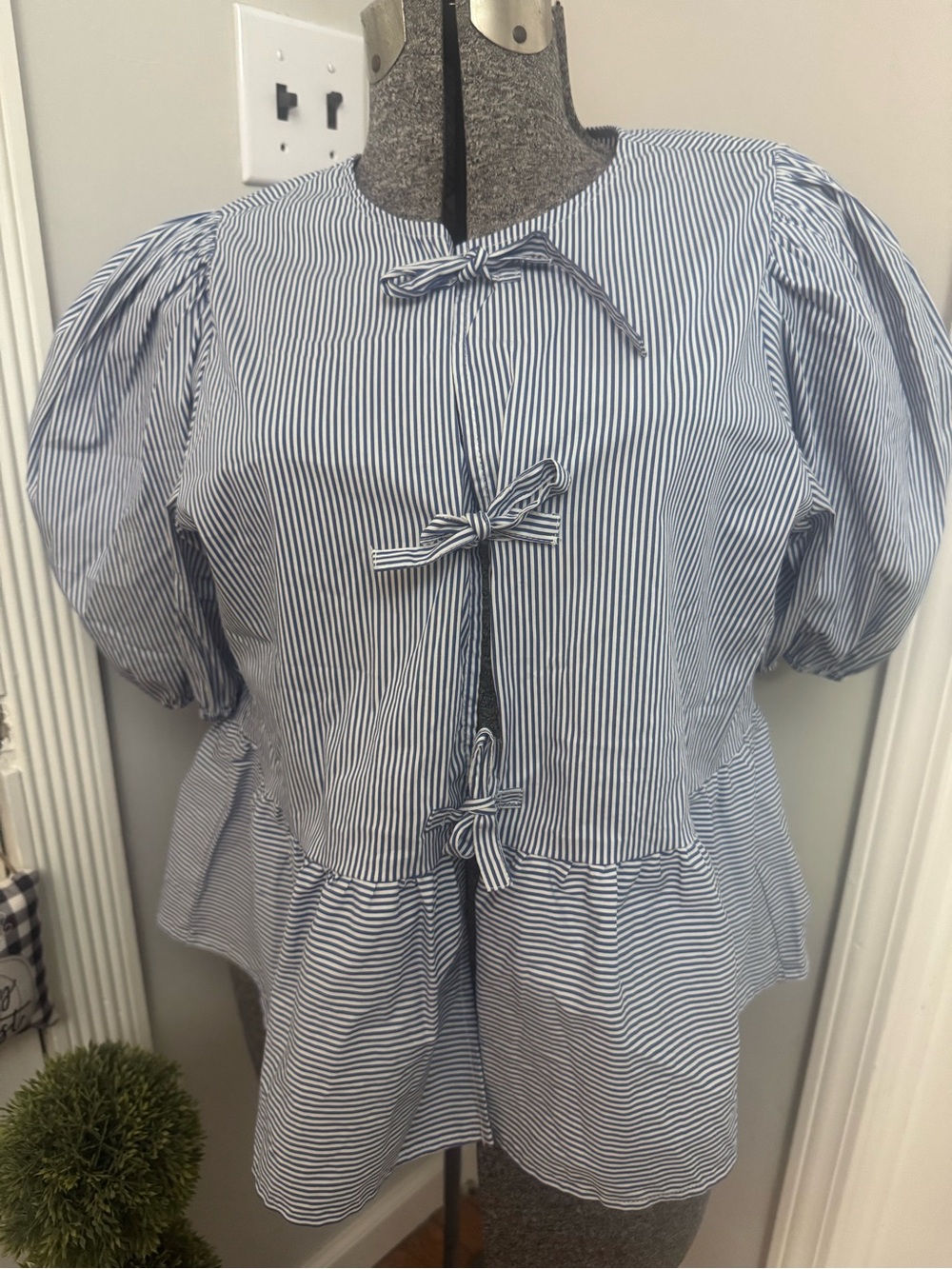Women's Blue and White Striped Puff Sleeve Peplum Blouse with Ribbon Ties MD